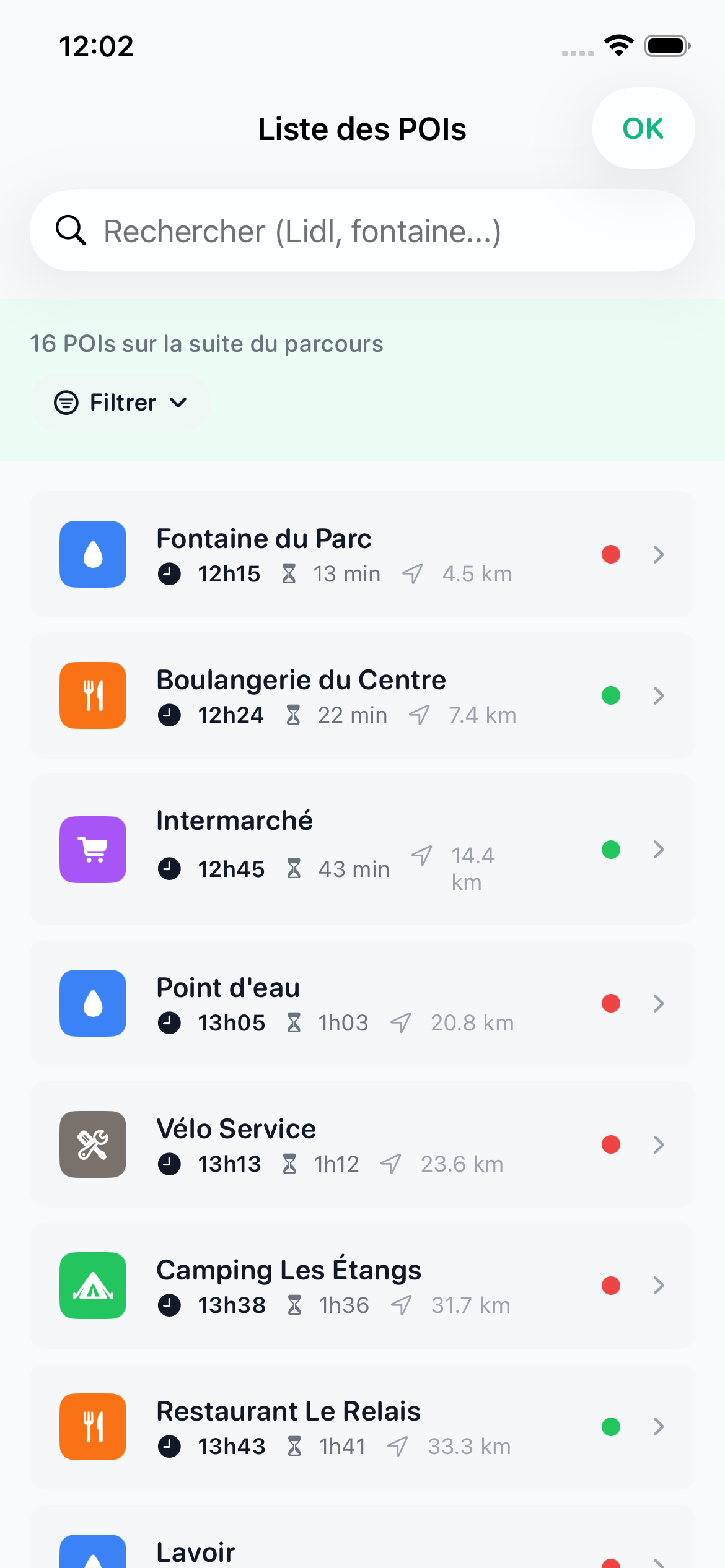 Aperçu mobile CycloPlan : liste des points d'intérêt et services le long de l'itinéraire