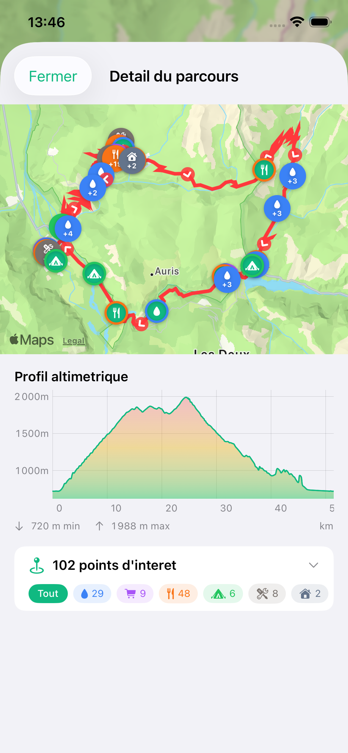 Aperçu bêta iOS CycloPlan : détail Alpe d'Huez avec carte, profil altimétrique et points d'intérêt
