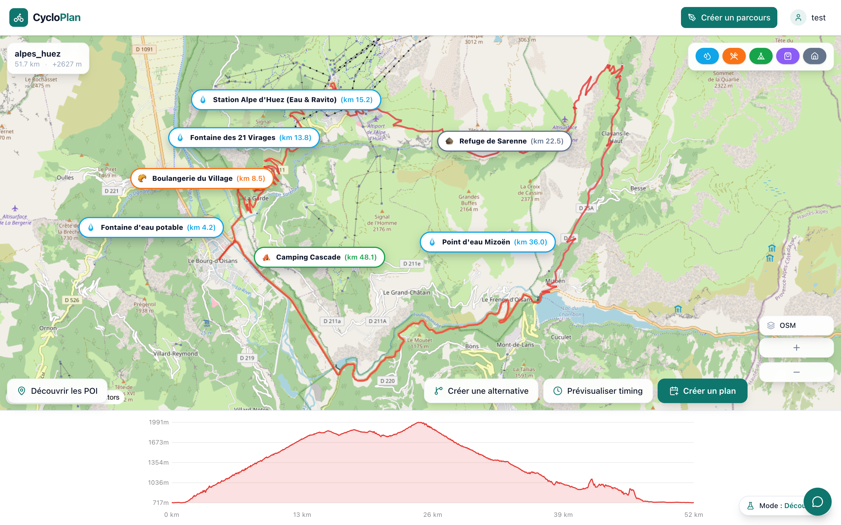 Studio web CycloPlan : planification de l'itinéraire de l'Alpe d'Huez avec carte, profil altimétrique et points d'intérêt