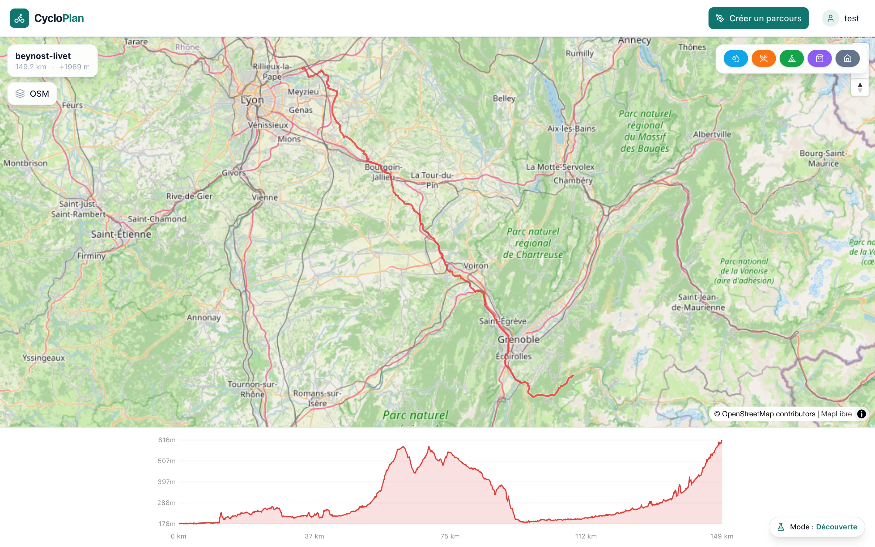 Studio PWA CycloPlan : carte interactive avec tracé GPX, profil d'altitude et points d'intérêt
